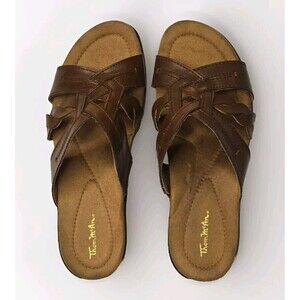 Thom McAn Willa Brown Leather Wedge Sandals Womens Slip On Size 8.5 M 50077 EUC